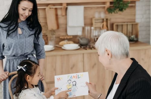 A family sharing a joyful moment as a child presents a drawing, emphasizing love and connection.